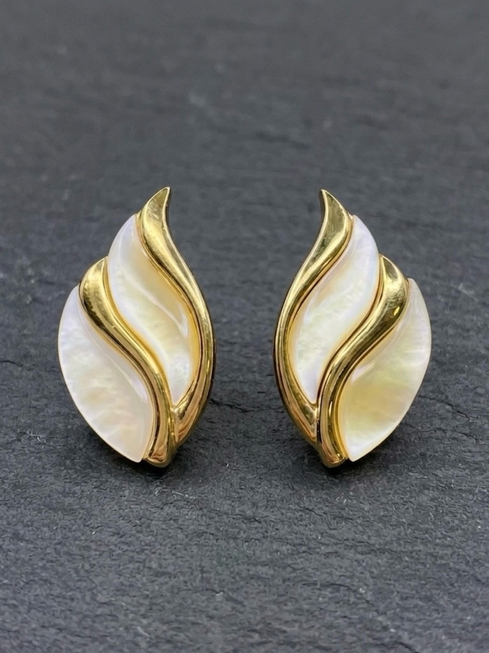 Vintage 80s Butler Mother of Pearl Yellow Swooping Flame Gold Clip On Earrings